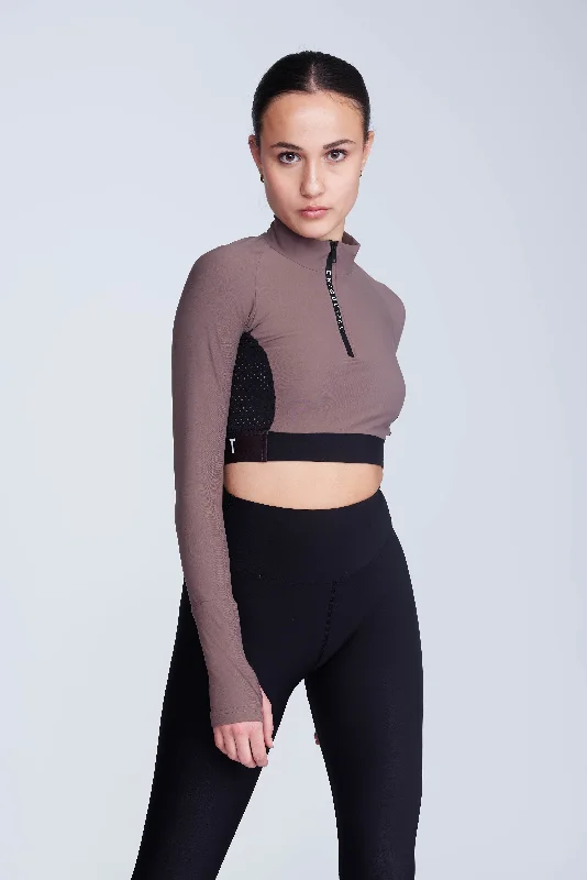 Ignite Long-Sleeve Crop Top in Taupe Rayon Velvet Corduroy