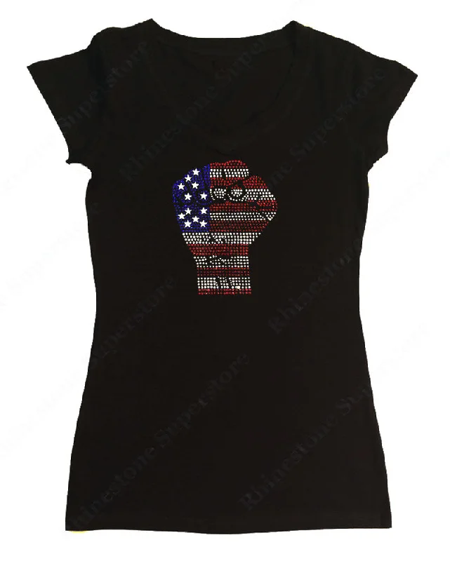 Womens T-shirt with 4th of July Fist in Rhinestones Anti-Pilling Machine Wash Handmade