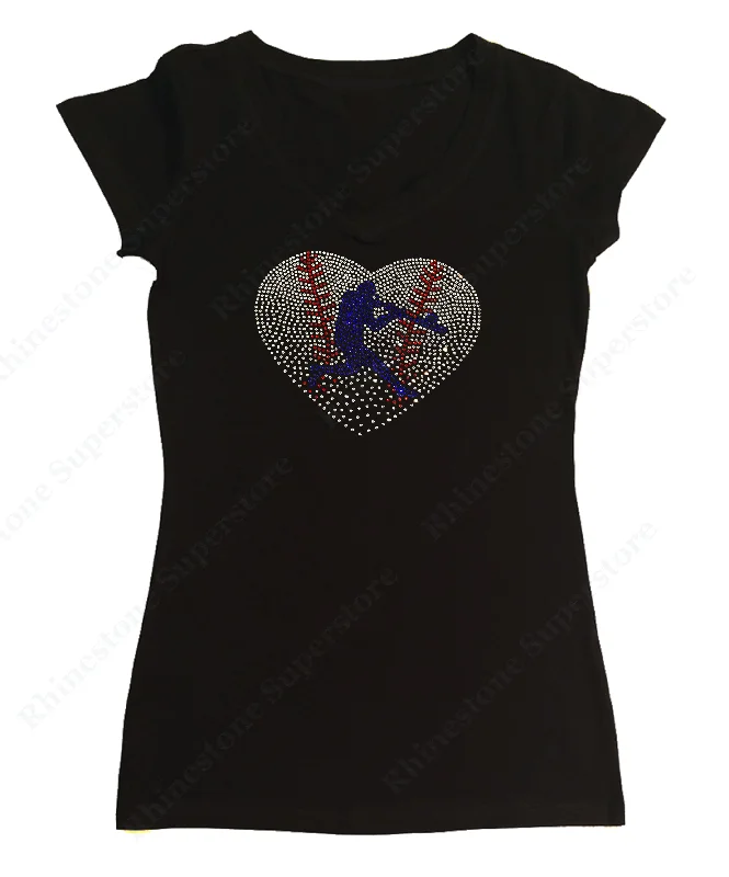 Womens T-shirt with Baseball Heart with Batter in Rhinestones Nylon Fabric Polyester Fabric Spandex Fabric