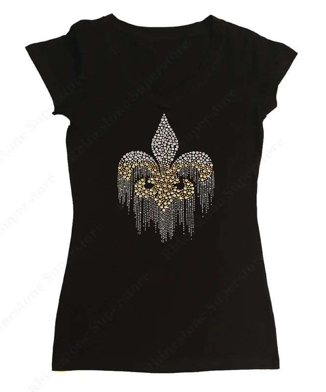 Womens T-shirt with Fluer de Lis Dripping in Silver and Gold Rhinestuds Anti-Shrink Durable Soft