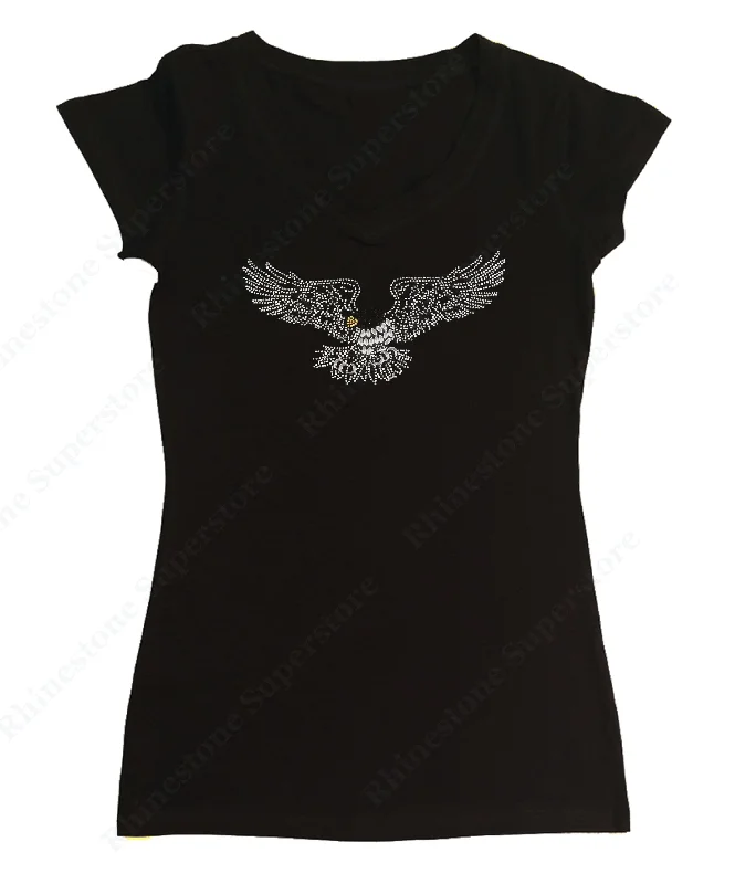 Womens T-shirt with Flying Eagle in Rhinestones Wool Fabric Cashmere Fabric Tweed Fabric