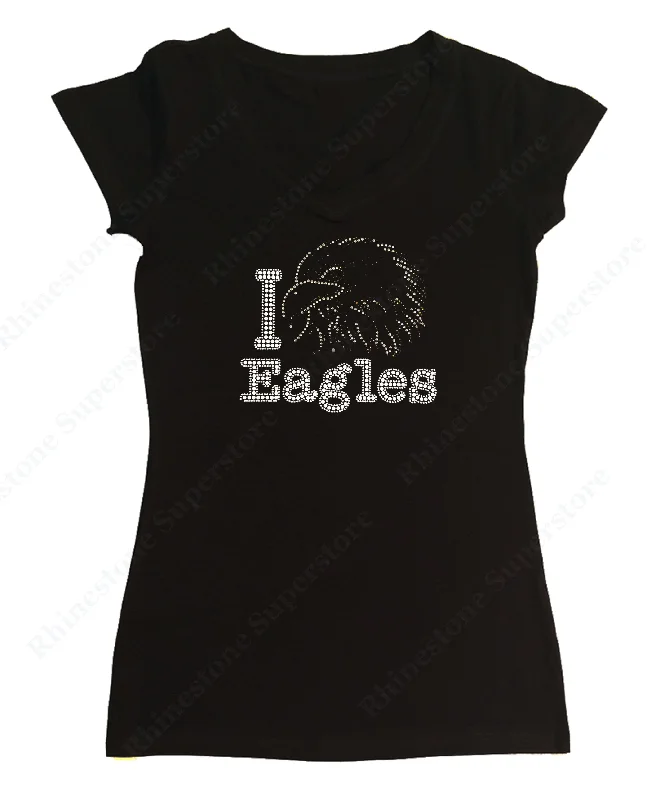 Womens T-shirt with I Love Eagles in Rhinestones Chenille Brocade Lace