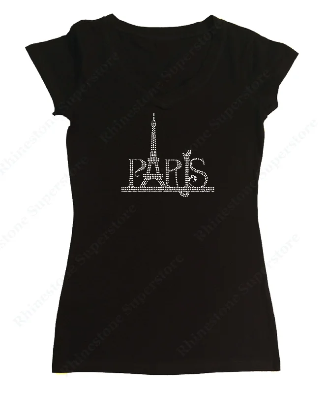 Womens T-shirt with Paris Eiffel Tower in Rhinestones Rayon Fabric Velvet Fabric Corduroy Fabric