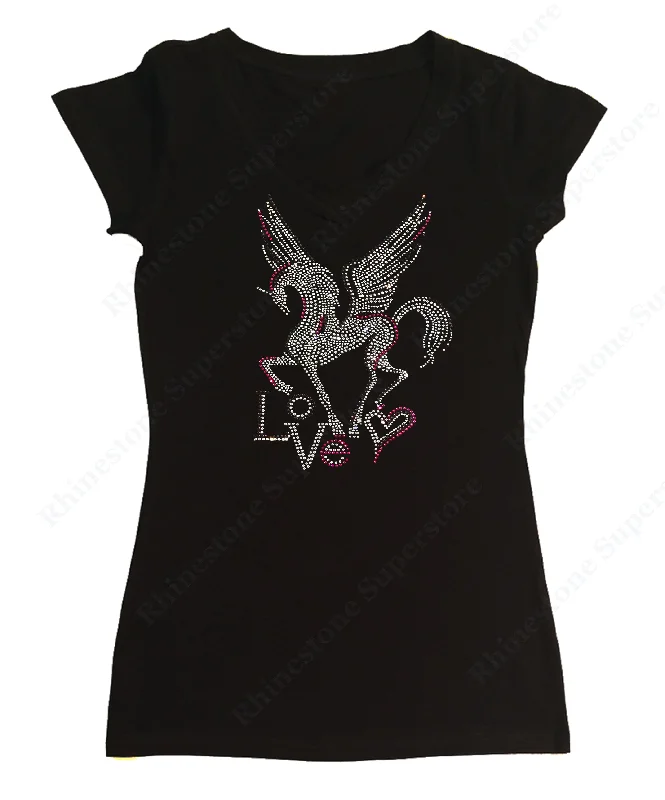 Womens T-shirt with Pegasus with Love in Rhinestones Mesh Blend Leather Blend Suede Blend