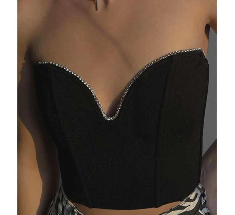 Y2K Sleeveless Vintage Bustier Corset Tops Women Night Club Sexy Backless Off Shoulder Diamonds Black Tube Crop Tops Summer Crop Top Casual Short Sleeve