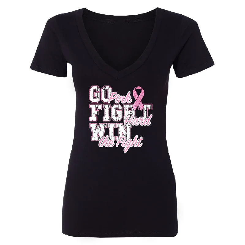 Zexpa Apparel™ Fight Hard Win The Fight Women's Deep V-neck Breast Cancer Awareness Tee Lace Blend Ribbed Blend Corduroy Blend