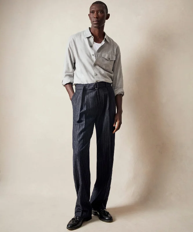 Italian Wool Self Belt Trouser in Navy Pinstripe Trousers luxurious high-end
