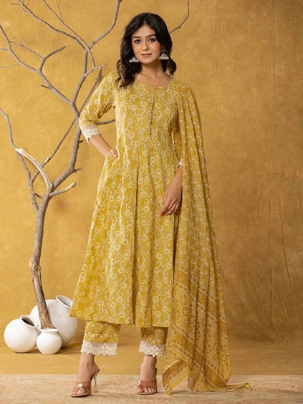 Yufta Mustard Lace-Work Cotton Anarkali Kurta & Trouser Dupatta Set Trousers Summer Linen