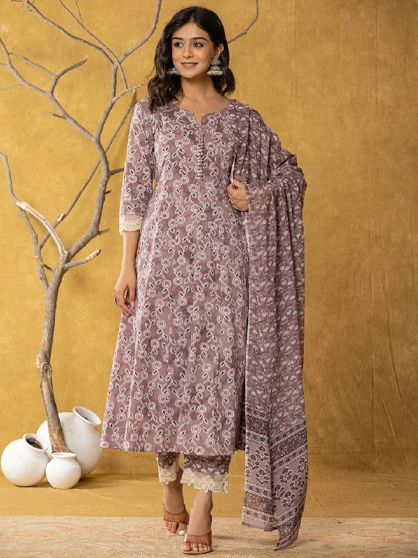 Yufta Purple Lace-Work Cotton Anarkali Kurta & Trouser Dupatta Set Trousers Winter Warm