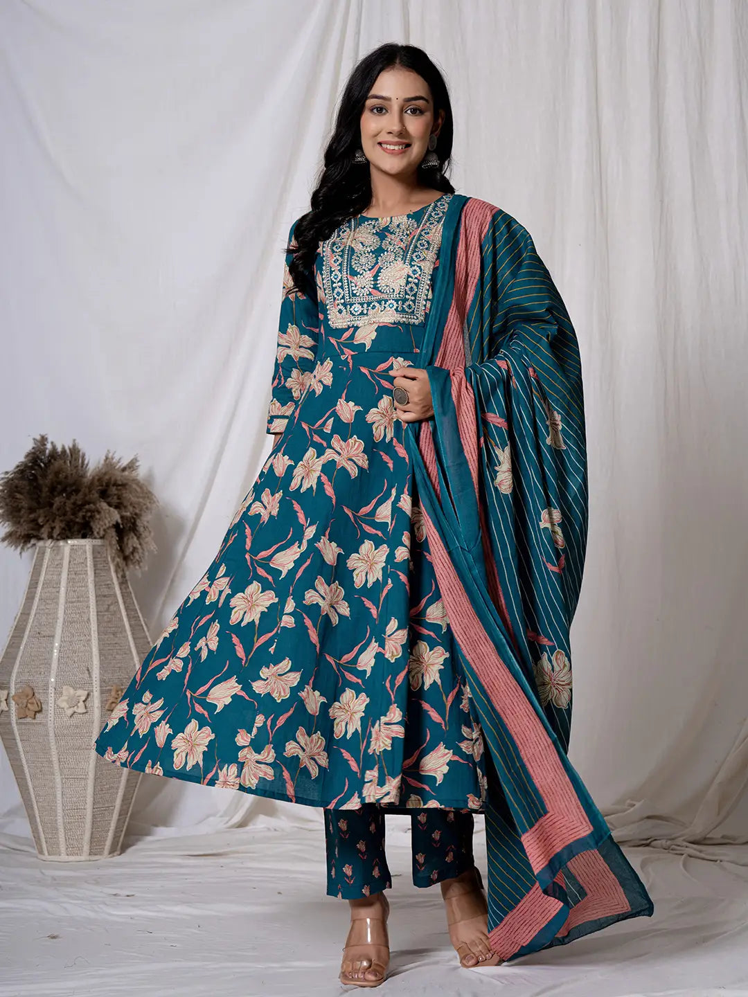 Yufta Sea Green Floral Pure Cotton Anarkali Kurta And Trouser With Dupatta Set Trousers Ceremony Elegant