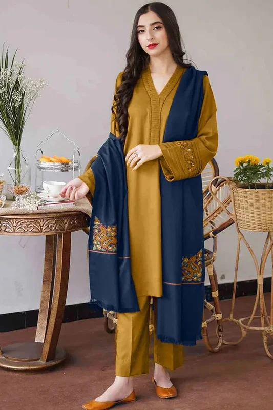 AISLING - 3PC DHANAK EMBROIDERED SHIRT WITH DHANAK EMBROIDERED DUAPTTA AND TROUSER- RB11092 Trousers Corduroy Warm