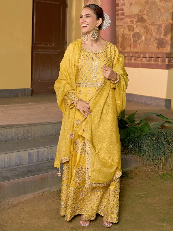 Libas Art Yellow Embroidered Silk A-Line Kurta With Trousers & Dupatta Trousers Hiking Durable
