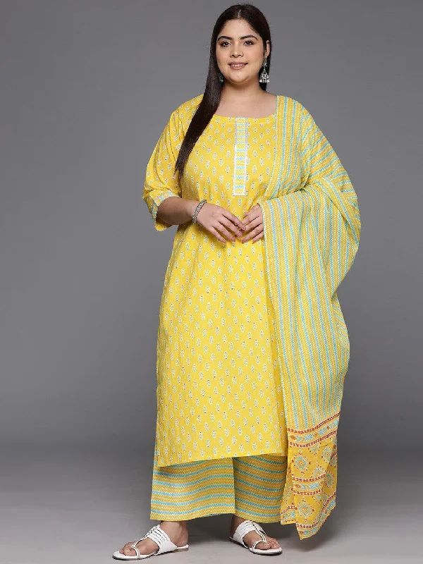 Plus Size Yellow Printed Cotton Straight Kurta With Trousers & Dupatta Trousers Fleece Cozy