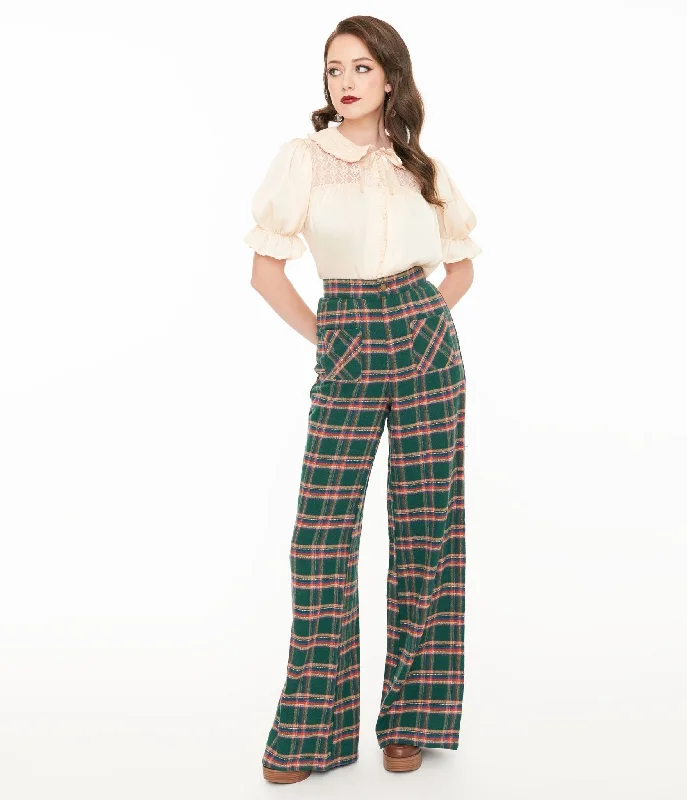 Smak Parlour 1960s Green & Red Plaid Wide Leg Trousers Trousers Solid Black