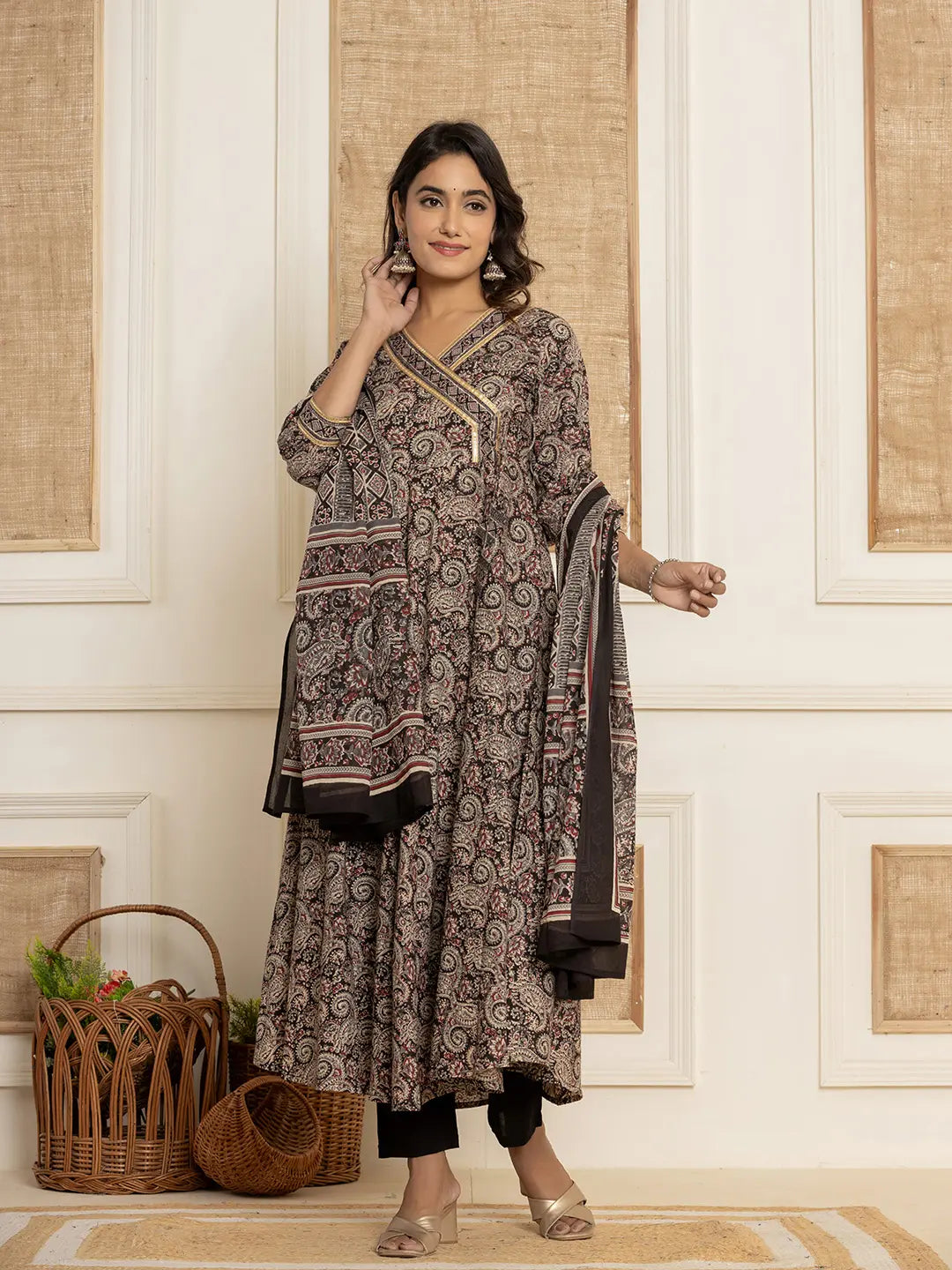 Yufta Black Paisley Print Anarkali Style Kurta And Trousers With Dupatta Set Trousers Seasonal Trendy