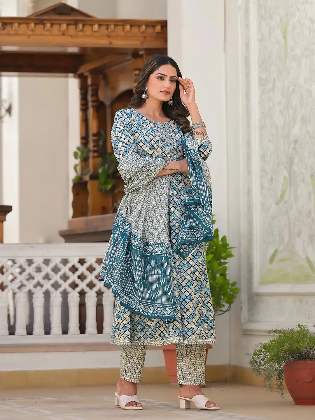 Yufta Blue Checkered Print Anarkali Kurta Trouser With Dupatta Set Trousers Review Highly