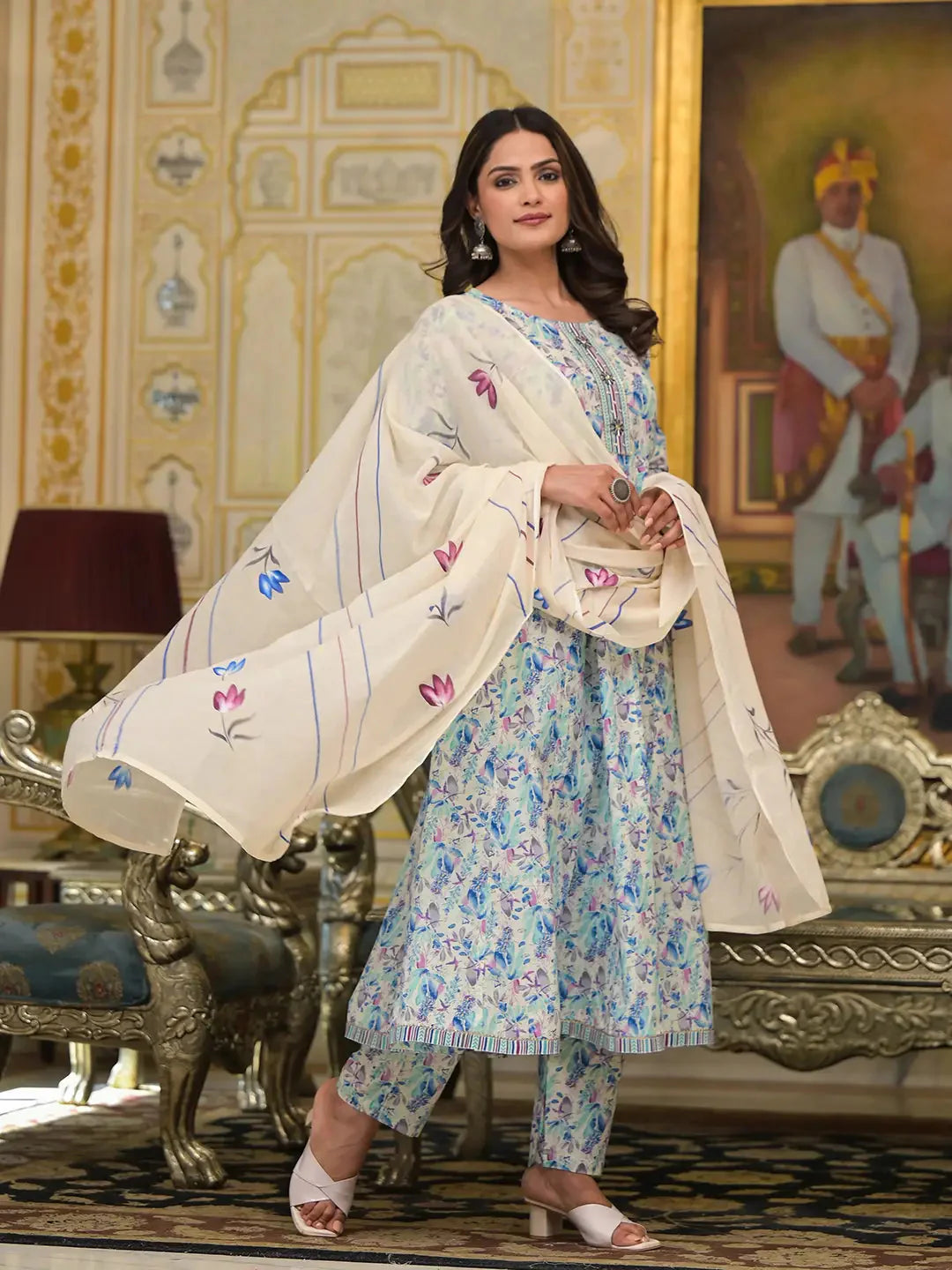 Yufta Blue Leaf Print Zari Work Anarkali Kurta Trouser With Dupatta Set Trousers chic fashionable