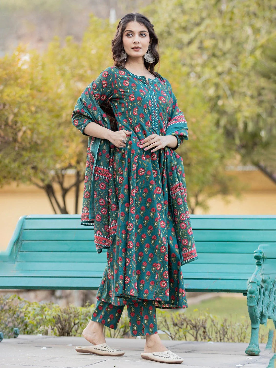 Yufta Green Floral Print Mirror_Work Anarkali Kurta Trouser And Dupatta Set Trousers Low Rise Relaxed