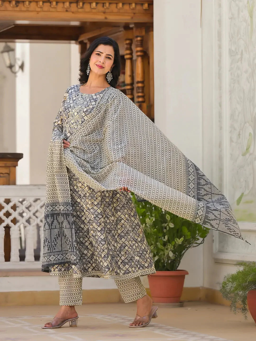 Yufta Grey Checkered Print Anarkali Kurta Trouser With Dupatta Set Trousers practical durable