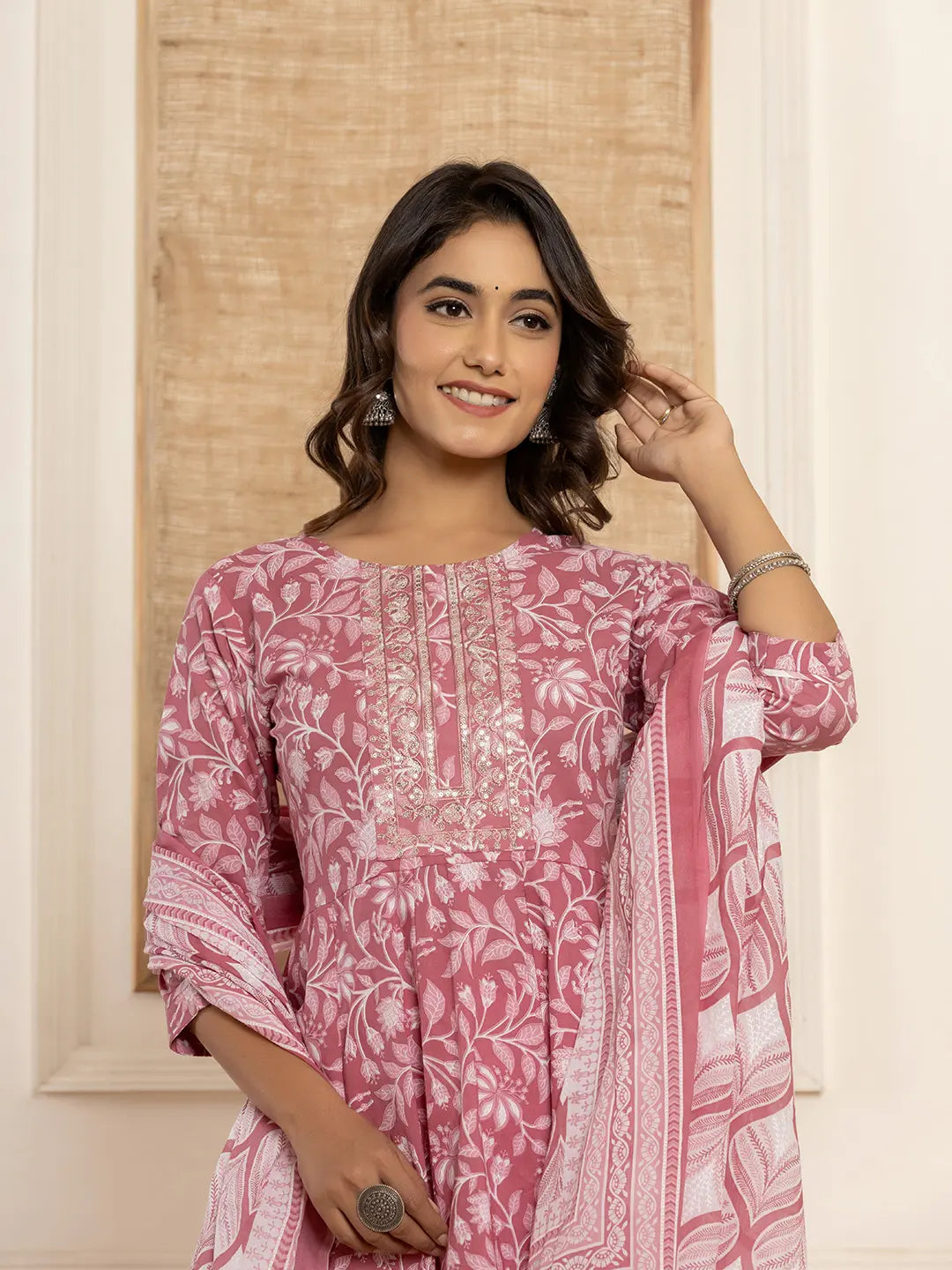 Yufta Mauve Floral Print Anarkali Style Kurta And Trousers With Dupatta Set Trousers Winter Warm