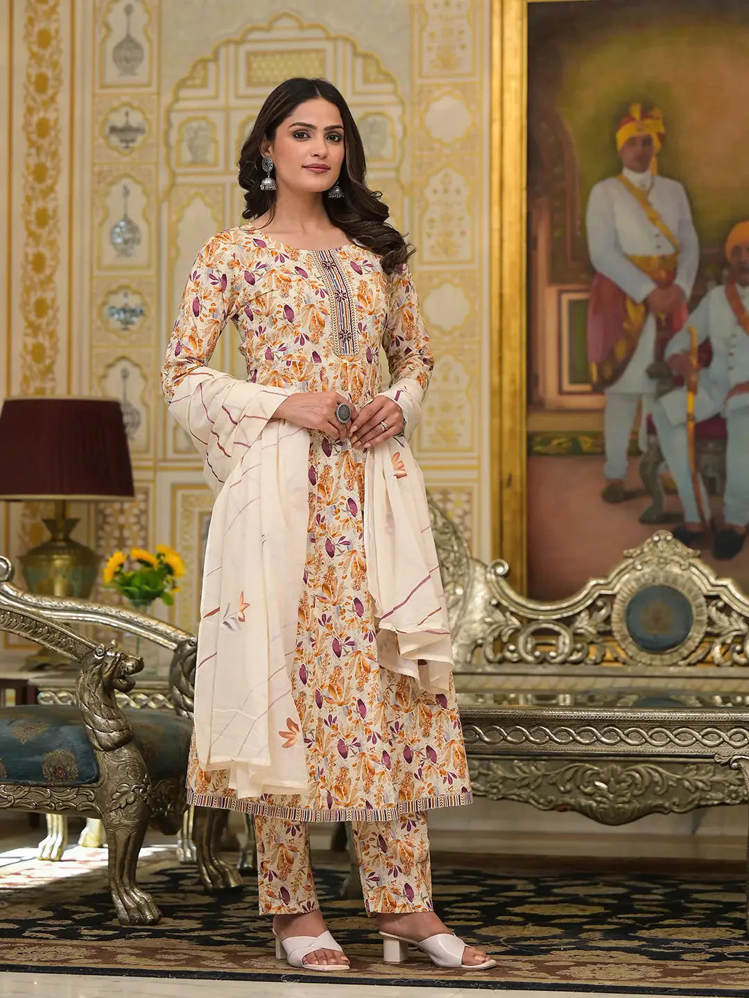 Yufta Mustard Leaf Print Zari Work Anarkali Kurta Trouser With Dupatta Set Trousers chic elegant