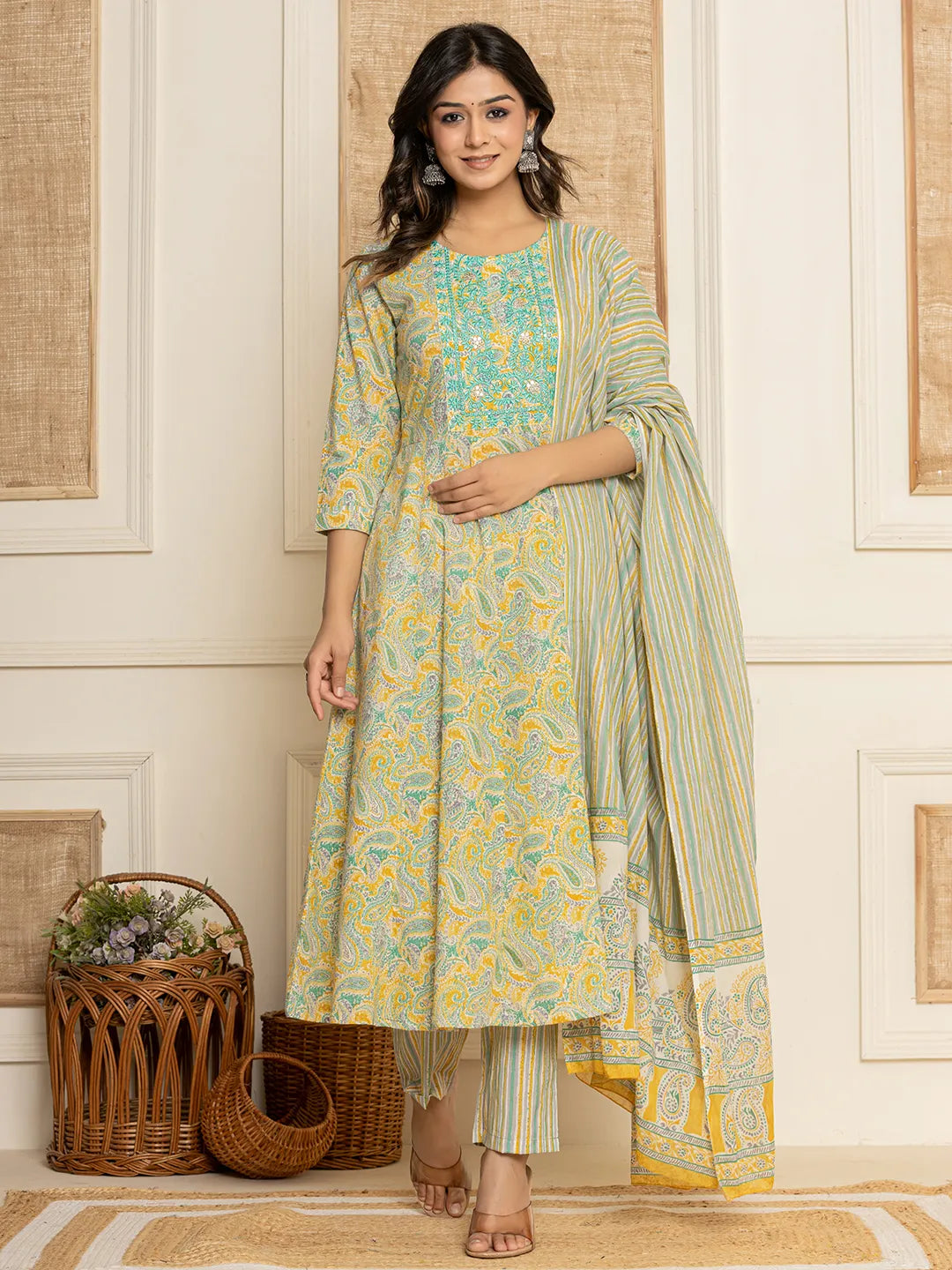 Yufta Mustard Thread_Work Cotton Anarkali Kurta And Trousers With Dupatta Set Trousers Bestseller Popular