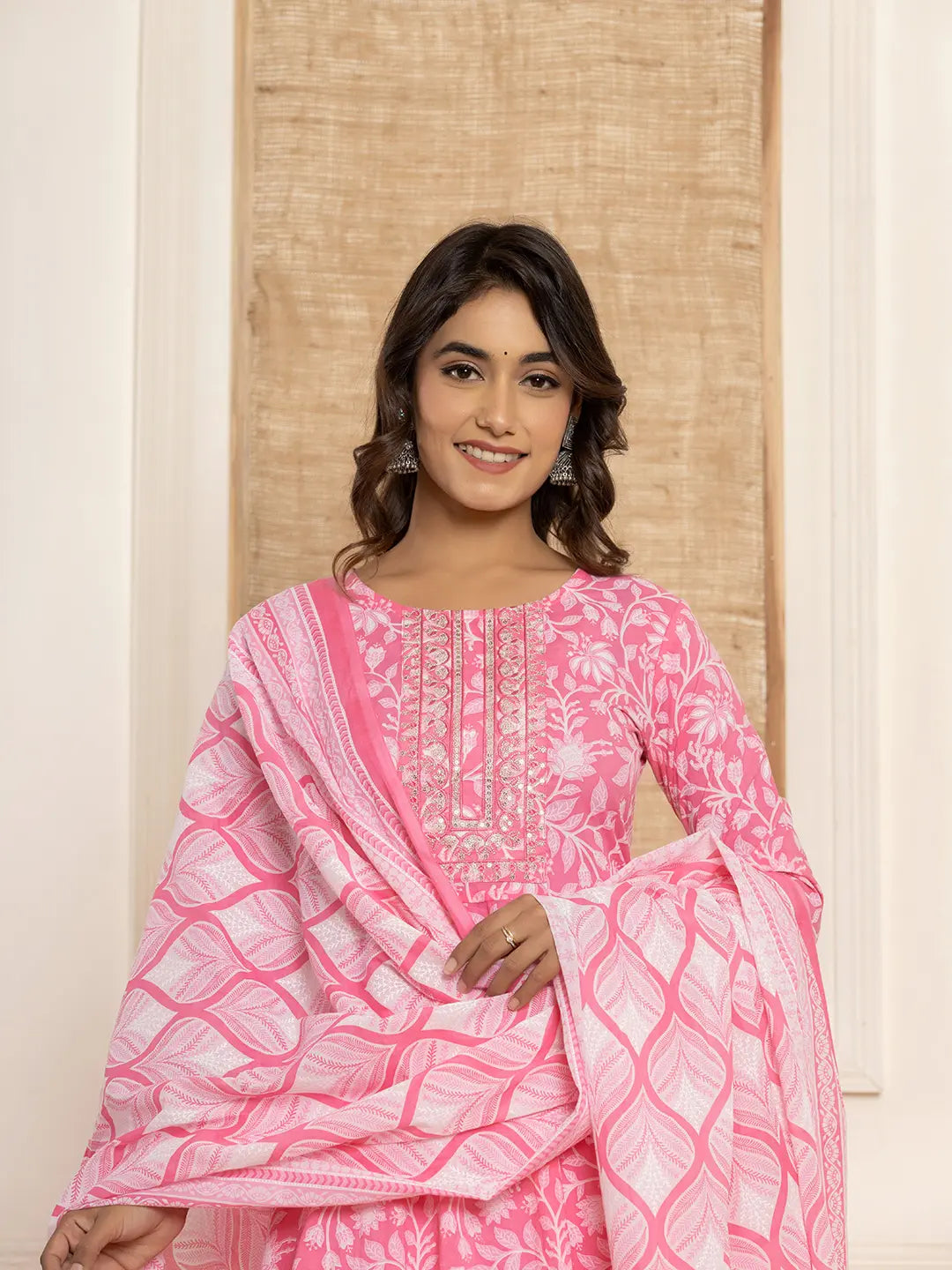 Yufta Pink Floral Print Anarkali Style Kurta And Trousers With Dupatta Set Trousers Formal Black
