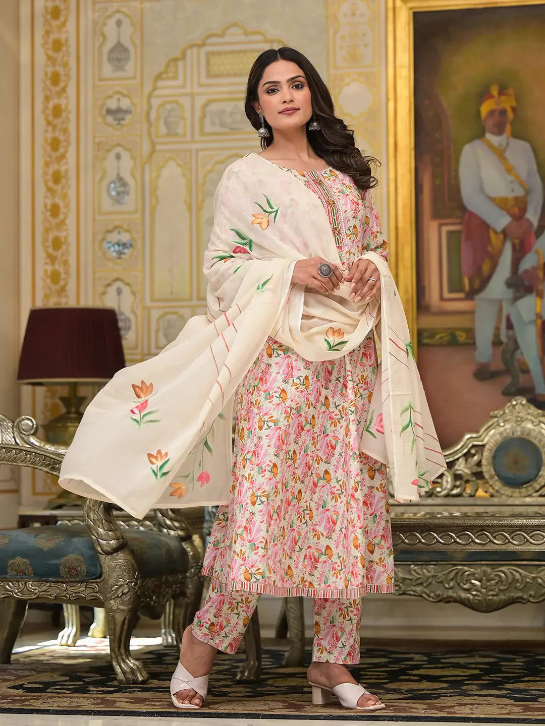Yufta Pink Leaf Print Zari Work Anarkali Kurta Trouser With Dupatta Set Trousers luxurious high-end