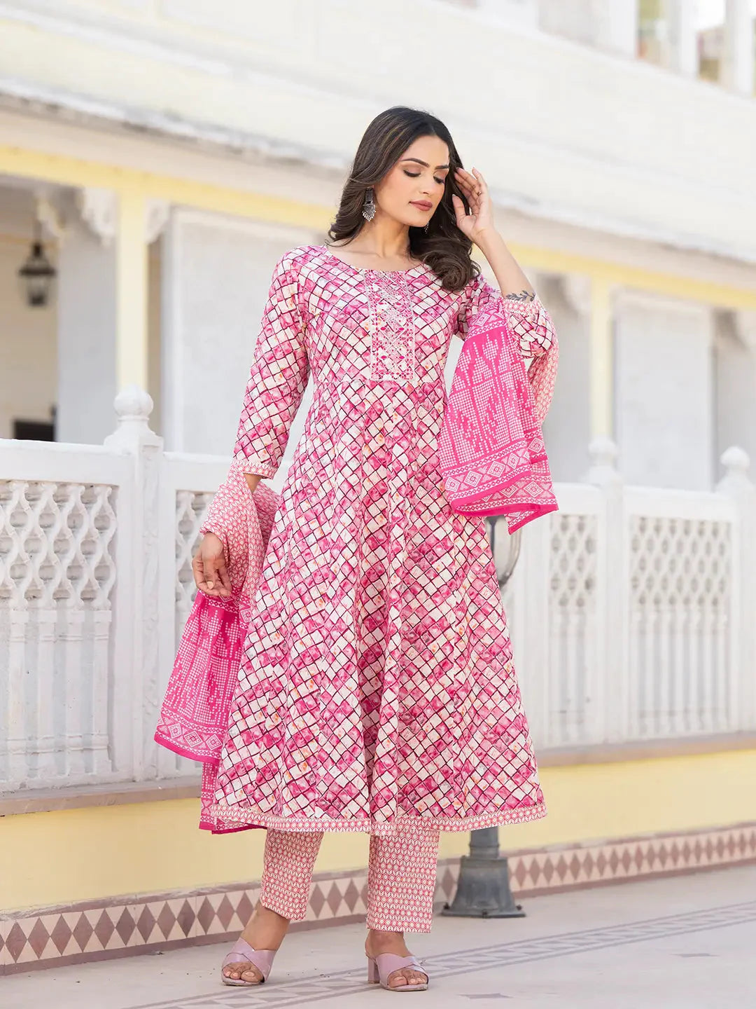 Yufta Purple Checkered Print Anarkali Kurta Trouser With Dupatta Set Trousers Palazzo Wide Leg