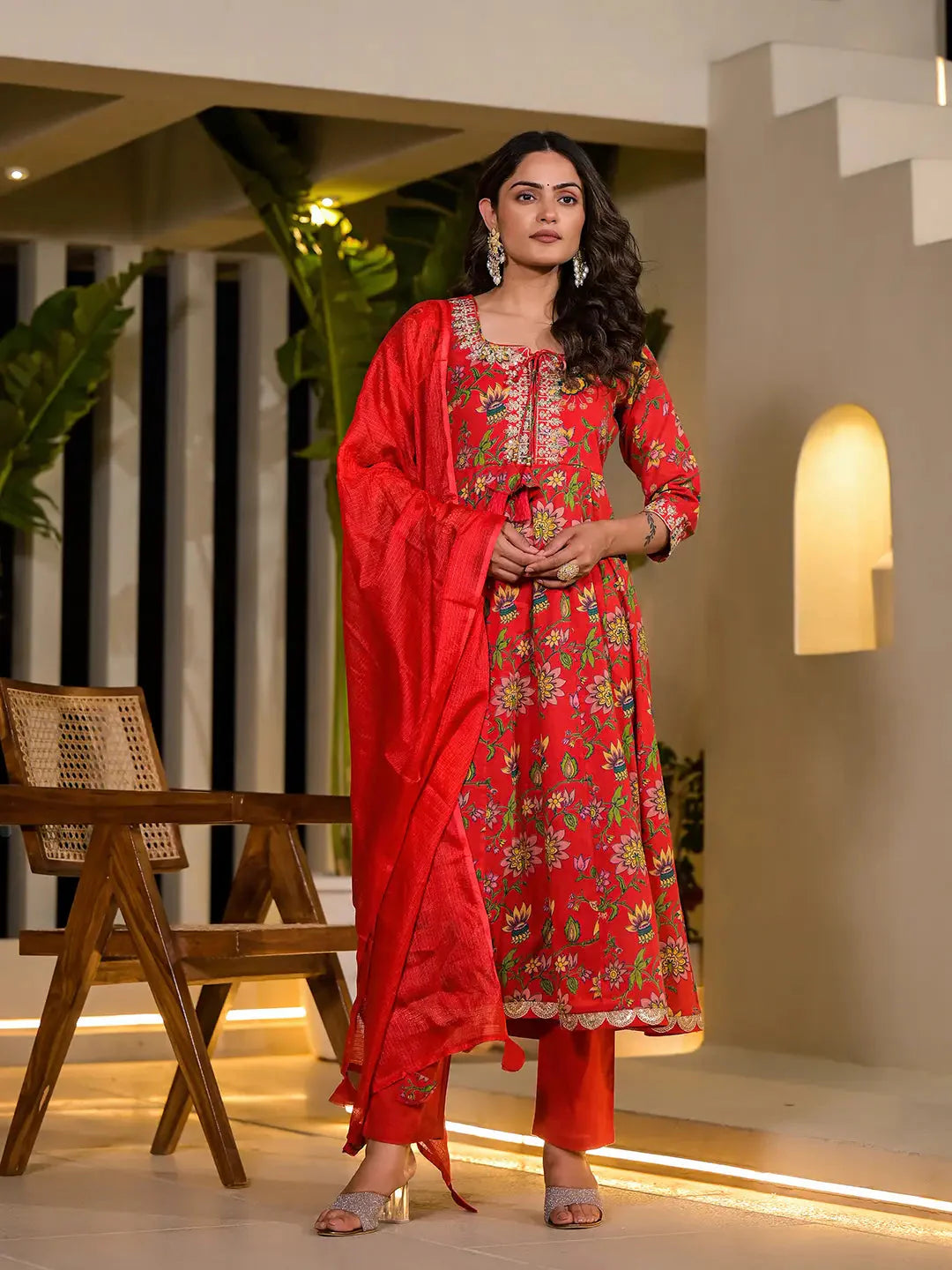 Yufta Red Dori Embroidery Voile Anarkali Kurta With Trousers With Dupatta Set Cropped Trousers Casual Linen