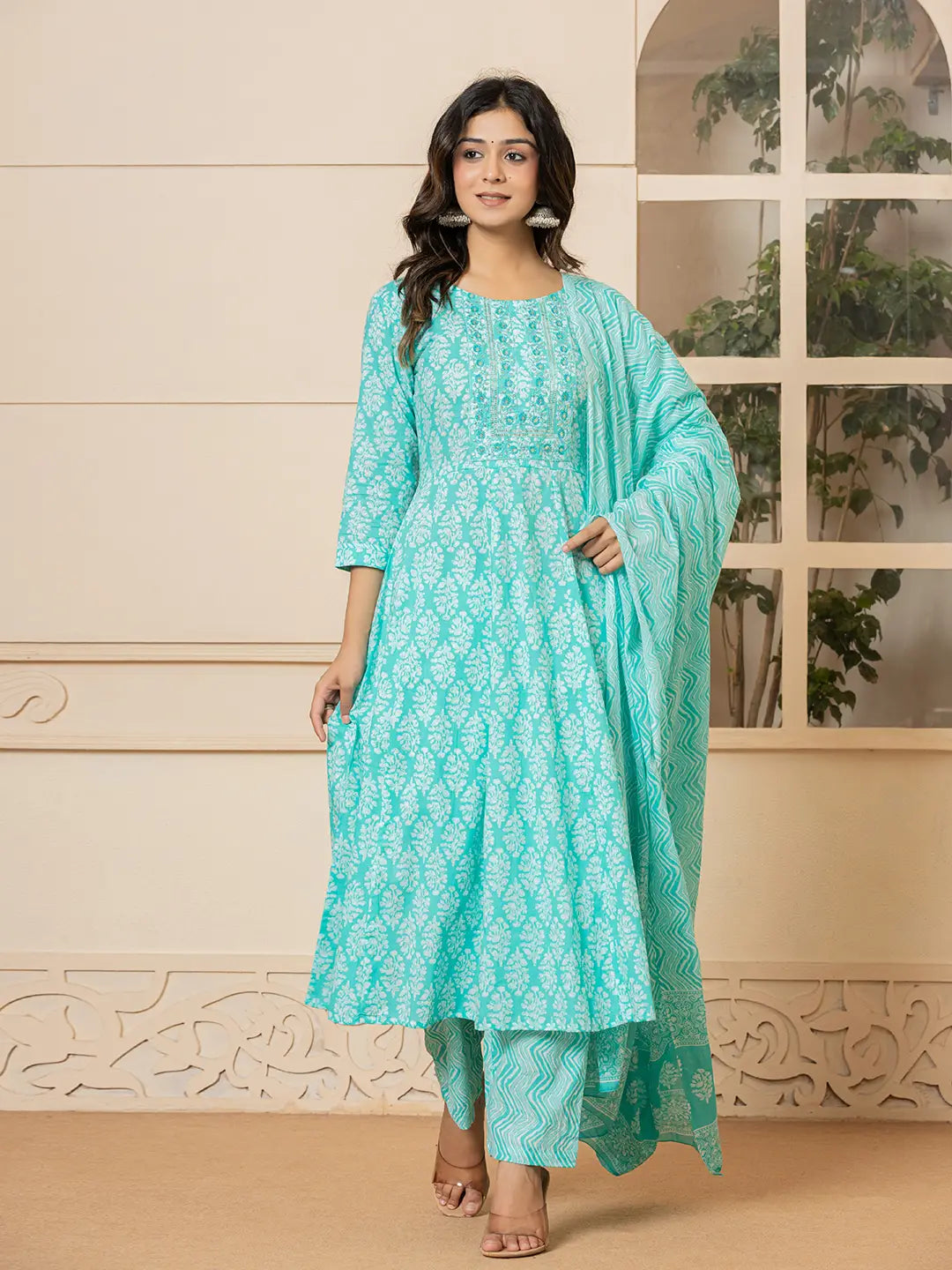 Yufta Turquoise Embroidered Pure Cotton Anarkali Kurta Trouser With Dupatta Set Trousers Party Sparkling