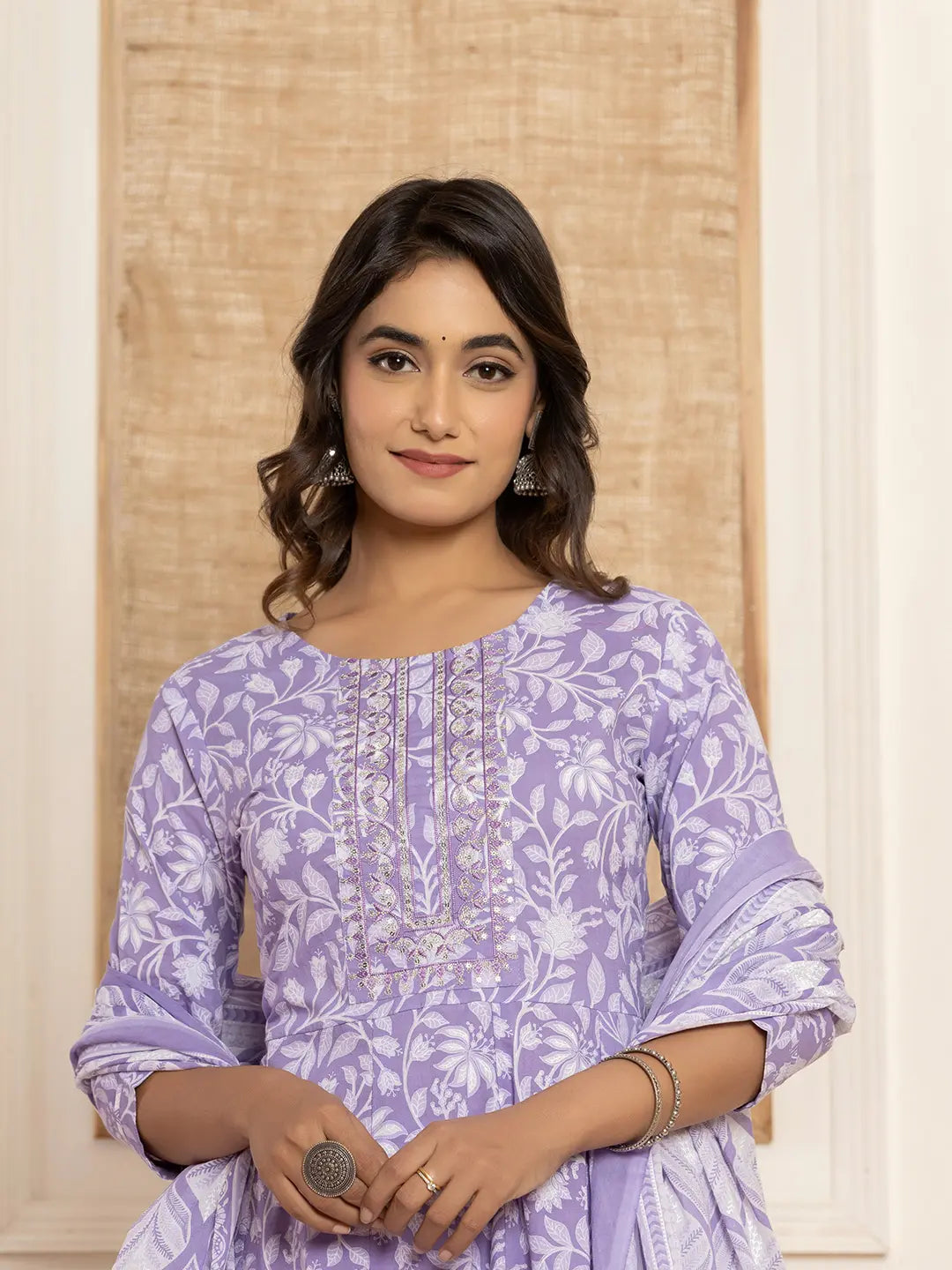 Yufta Violet Floral Print Anarkali Style Kurta And Trousers With Dupatta Set Trousers Ceremony Elegant