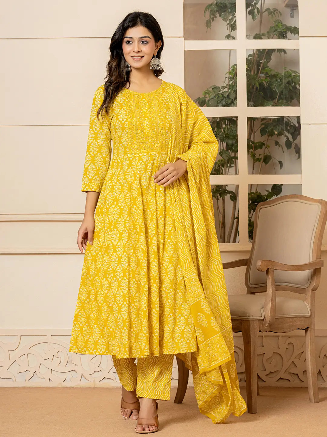 Yufta Yellow Embroidered Pure Cotton Anarkali Kurta Trouser With Dupatta Set Trousers Wedding White