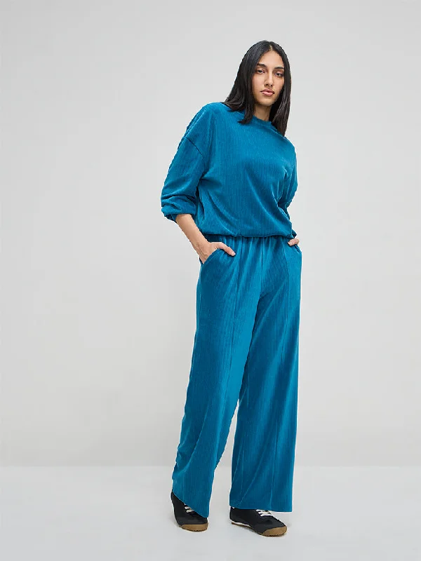 LOV Teal Self-Striped Velveteen High-Rise Trousers Trousers Summer Linen