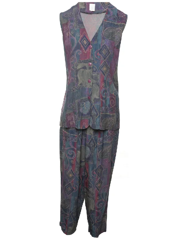 Patterned 1990s Multi-Colour Top & Trouser Set - M Trousers Designer Luxury