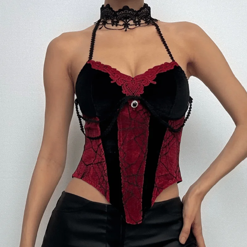 Contrast lace hem halter backless velvet corset top | victorian gothic dresses