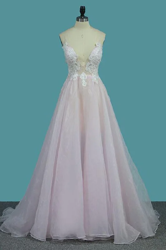 A Line Spaghetti Straps Deep V Neck Light Pink Appliques Sexy Prom Dress N946