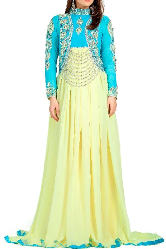 Designer Gulf Yellow & Blue Embroidered Exclusive Georgette Islamic Dress