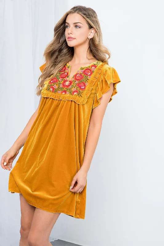 Fall Feels Velvet Embroidered Dress-THML