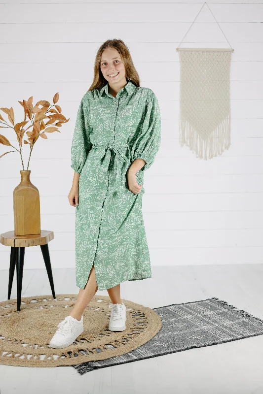 Henley Print Dress - Green