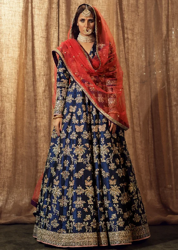 Pakistani Bridal Mehndi Dress Blue Frock And Red Dupatta