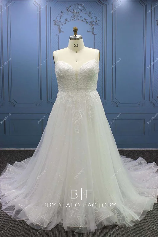 Plus Size Deep Neck Custom Lace A-line Long Train Bridal Dress