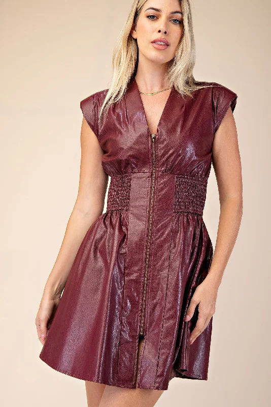 Smocked Waist Leather Zip Dress - Plum