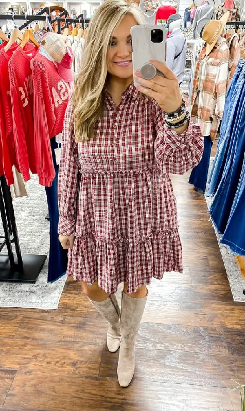 UMGEE Merlot Plaid Ruffle Dress