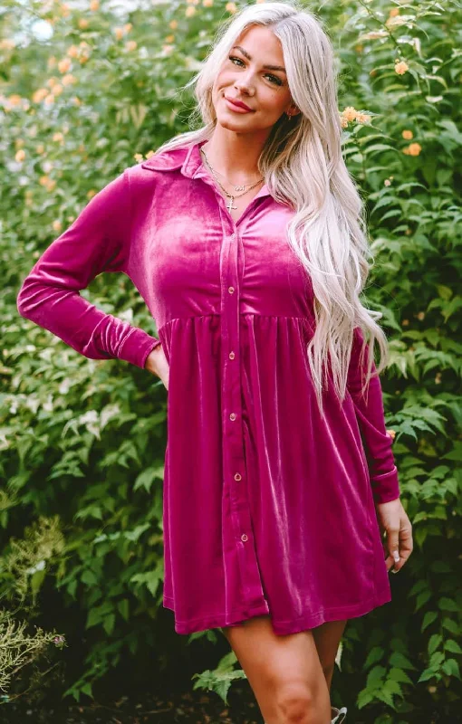 Velvet Button Down Dress Hot Pink
