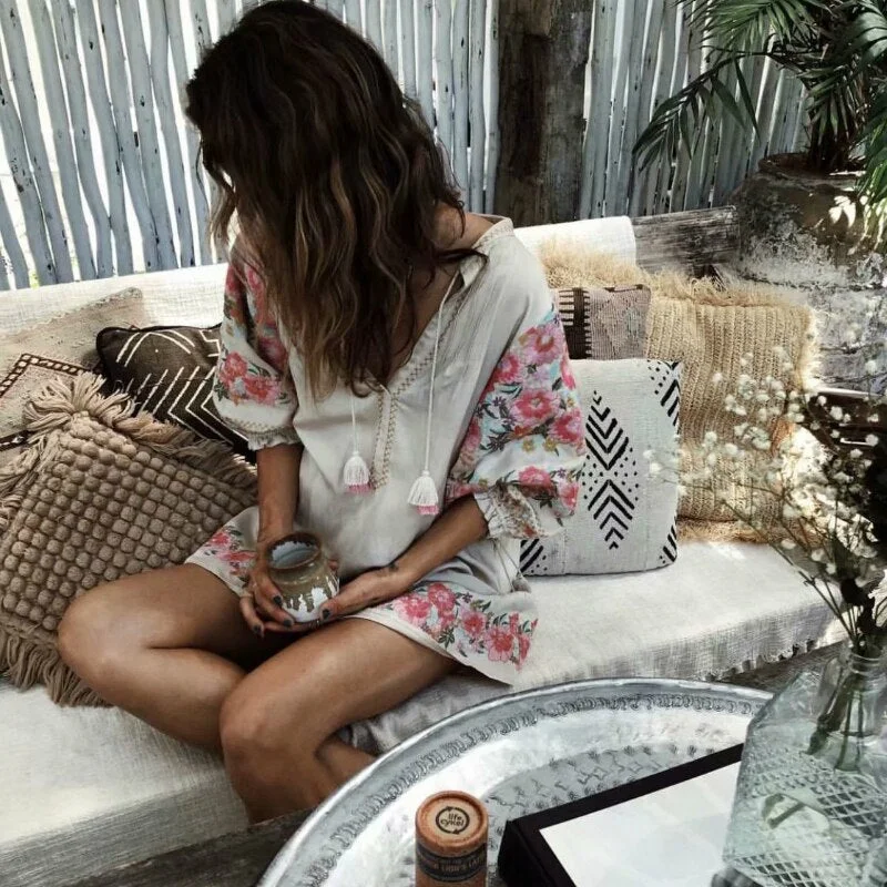 Linen Boho Dress,Flower Embroidery Bohemian Dress