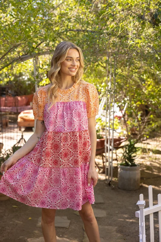 Cheery Disposition Embroidered Color Block Tiered Dress