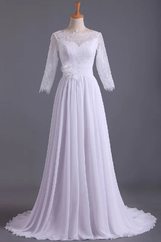 Bateau 3/4 Length Sleeve A Line Wedding Dresses Chiffon With Applique & Handmade Flower Pencil Office Professional