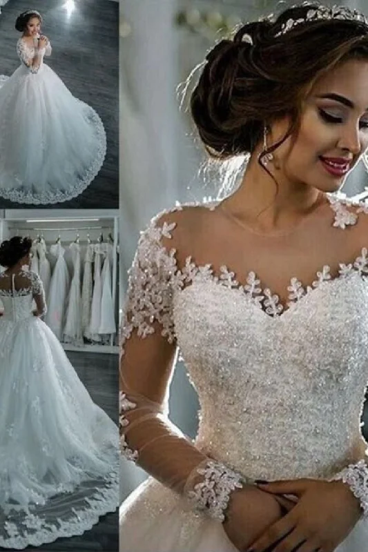 New Arrival Long Sleeves Tulle Wedding Dresses Scoop Neck With Appliques Tunics stripes playful
