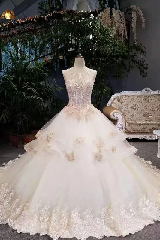 New Arrival Luxurious Scoop Neck Wedding Dresses Tulle Lace Up With Open Back Lace Up Tunics Silk luxurious